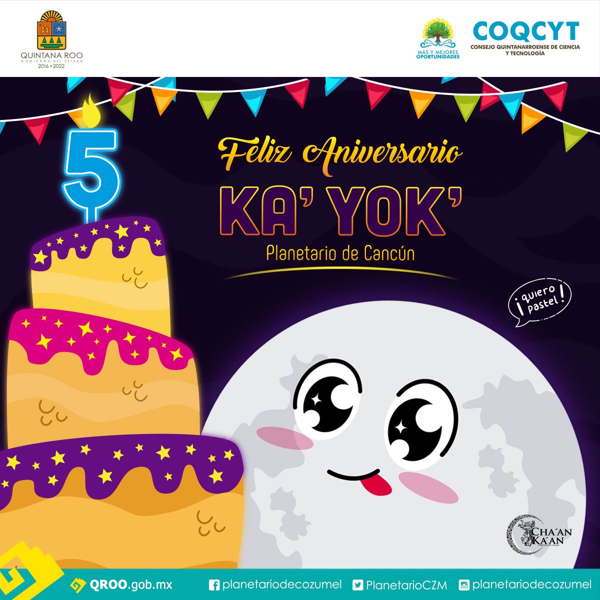 PlanetarioCZM's tweet photo. ¡Aplausos y abrazos para todo el equipo de nuestro hermano #Planetario #Kayok en #Cancún, por su 5° #Aniversario! Durante estos años, su labor ha sido un importante estandarte, para la #Divulgación de la #Ciencia en #QuintanaRoo. 🎂🥳🍾🎉 https://t.co/BlLLKz46bi