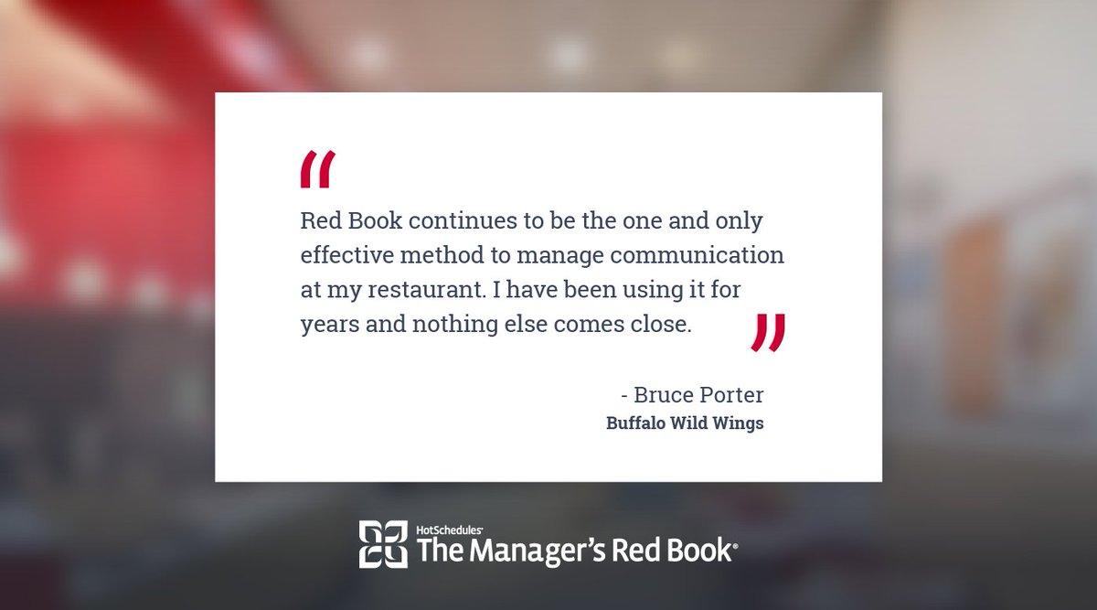 managersredbook's tweet image. Good communication is one thing that every business needs, no matter what. Use The Manager's Red Book to simplify your communications and run a #PerfectShift! 

See how it works: get.hotschedules.com/rb-keep-demo.h…

 #buffalowildwings #successstory #testimonials #franchises #success