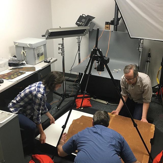 NYUPreservation's tweet image. How many conservators can fit into a photo studio? Lou and Alex help summer intern Chantal Stein @nyuifa set up for multispectral imaging of a work from the Edith Kramer Archives @nyuarchives. #todayinthelab #multispectralimaging #edithkramer