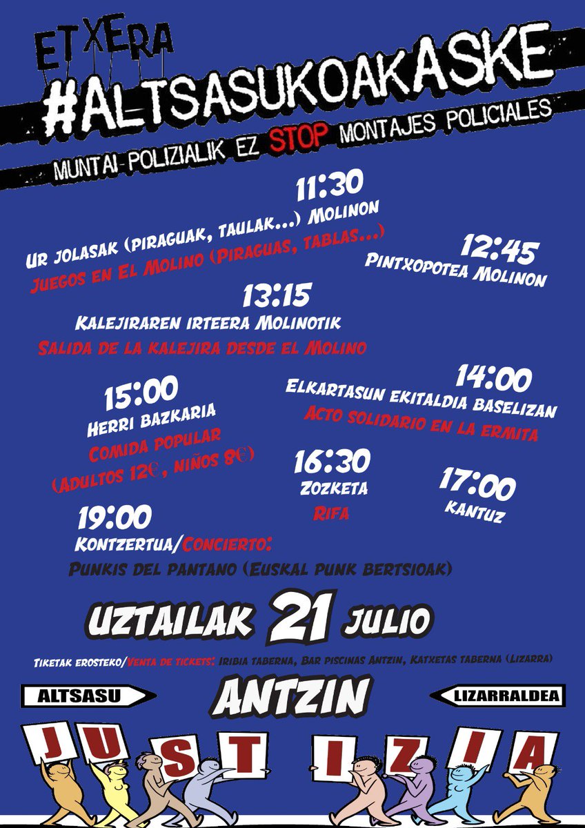 Altsasugurasoak's tweet photo. Herri eta hiriko festetan #AltsasukoakASKE aldarrikatzen duten ekimenak etengabekoak dira! Guztiok gara #Altsasu! Mila esker!

En las fiestas de pueblos y ciudades  la reivindicación #AltsasukoakASKE sigue muy presente. ¡Todas somos Altsasu! #Nafarroa #Jaiak https://t.co/O95aiZaSuP