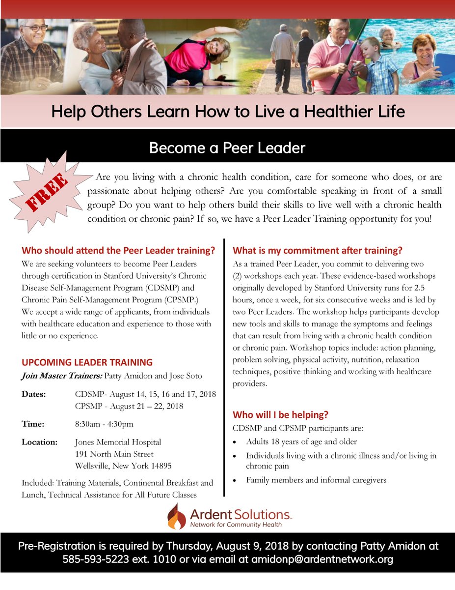 Ardent Solutions, Inc. is seeking individuals to become Peer Leaders through certification in Stanford University’s Chronic Disease Self-Management Program (CDSMP) and Chronic Pain Self Management 
Program (CPSMP.)  

See flyer for more information!