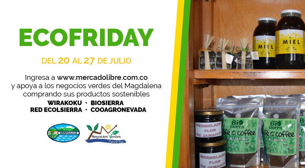 Apoyemos a <a href="/wirakoku/">FUNDACION WIRAKOKU</a> <a href="/Funda_Biosierra/">FUNDACION BIOSIERRA</a> <a href="/REDECOLSIERRA/">RED ECOLSIERRA</a> y @cooagronevada1 #negociosverdes del departamento del Magdalena ingresando a <a href="/Mercadolibre/">Mercado Libre</a> #Ecofriday