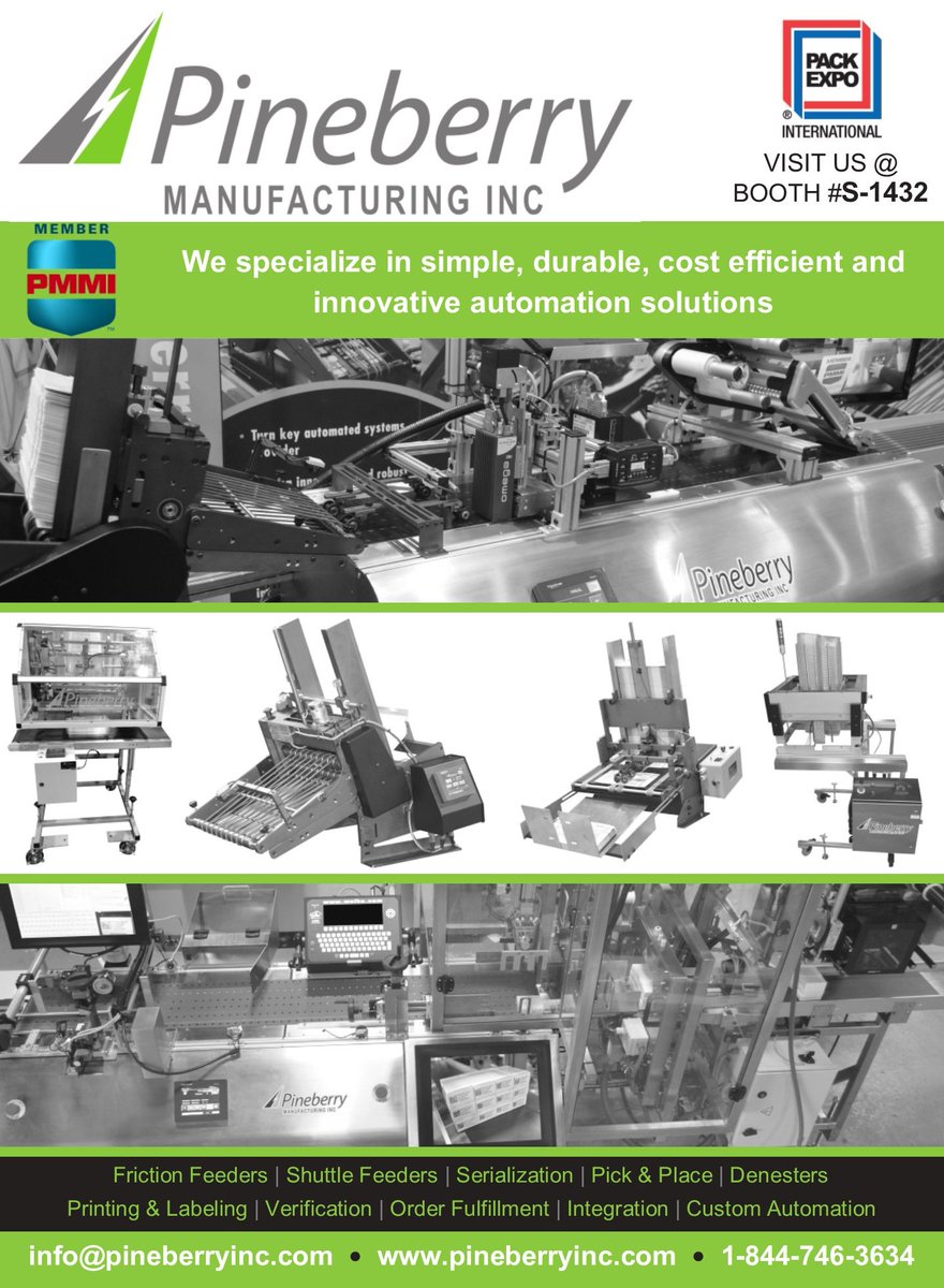 PineberryInc's tweet photo. Join us at @PMMIorg @packexposhow #PACKEXPO and #HCPEXPO (October 14-17, 2018) in booth S-1432. Use our promo code 88Q52 when registering for complimentary registration. See you in Chicago! #PACKEXPOInternational #PackagingAutomation #InnovativeAutomation #MadeByPineberry https://t.co/wBYqeAZ0Eb