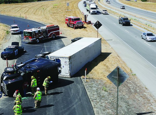 A big-rig ended up on its side on the northbound entrance to Highway 101 at Highway 129 Thursday in Aromas around 10:30 a.m. The crash forced officials to close down the freeway entrance for about two hours. The truck was carrying anchovies.