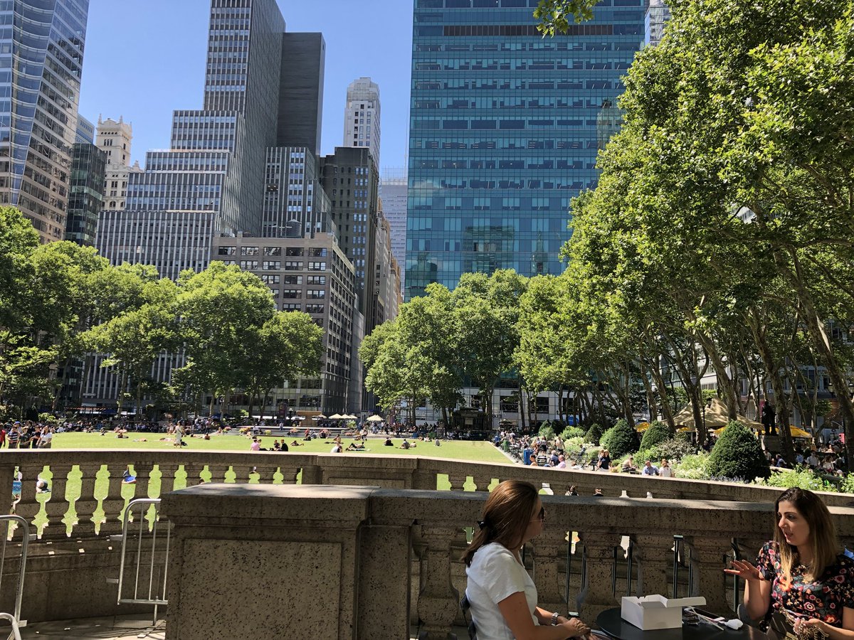 Keats_SCDSB's tweet photo. We arrived in NYC early and had free time in the area near Times Square. I chilled in Bryant Park; so lovely! Now it’s time for dinner and Come From Away on Broadway! @EJuly2018 @TeamEduTravel #spiritofamerica https://t.co/LWbYcwqN9O
