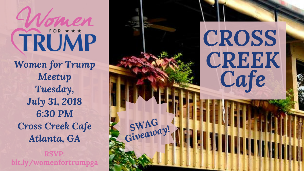 WomenforTrump's tweet photo. We are having our next #WomenforTrump #meetup in Atlanta! 🇺🇸

We hope u will join us &amp; other @realDonaldTrump supporters on July 31st, Cross Creek Cafe. Will be giving away some swag too!

RSVP here: https://t.co/zlJoTtKBM4 

#MAGA #KAG #AmericaFirst #gapol #gagop #gagovernor https://t.co/YK6B8qEk08