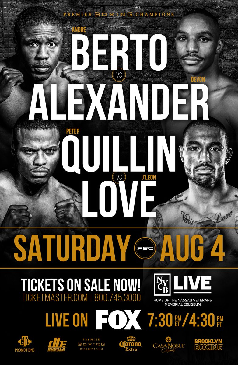loudibella's tweet photo. Big Time Boxing is Back on Long Island with #PBConFOX @NYCBLive on SAT. AUG. 4 headlined by @AndreBerto vs. Devon Alexander @TheRealDevonA #BertoAlexander #QuillinLove #BrowneCastillo @DiBellaEnt @TGBpromotions @premierboxing @Brooklyn_Boxing Tix here: https://t.co/It6mxx5yxr https://t.co/z2WYAUNLYo