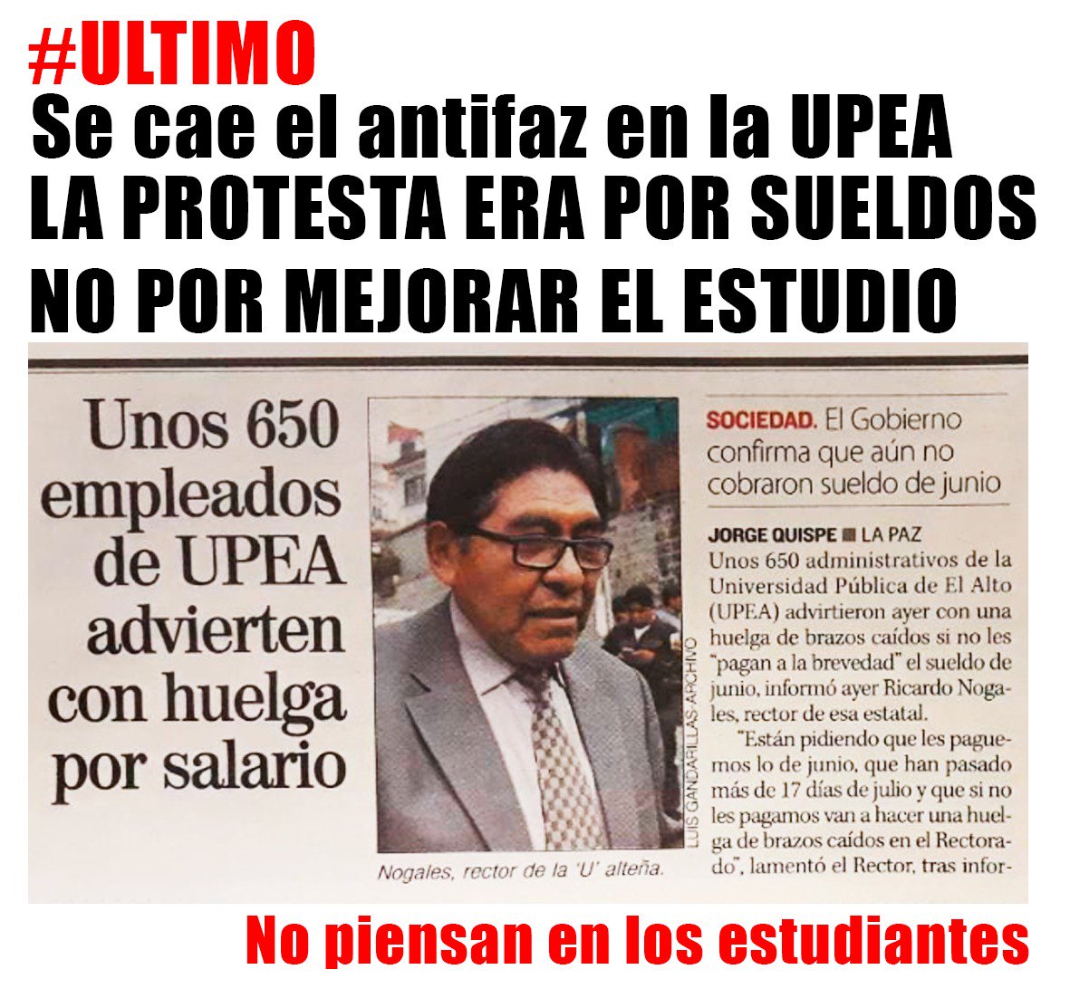 666Cuentas's tweet photo. Por fin debe caer este aprovechado Ricardo Nogales por sus intereses políticos como Waldo Albarracin que buscan la manera de llegar al poder ahora la UPEA se levanta y anuncia su descontento con este tipo esperemos que lo juzguen por perjudicarlos. https://t.co/nCnfmq7g7h