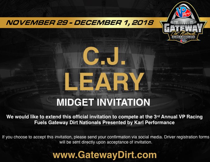 's tweet image. The @GatewayDirt Nationals presented by @KarlPerformance would like to invite @CJLearyRacing to compete in the Midget division in 2018! #DirtInDecember @VP_Racing_Fuels
