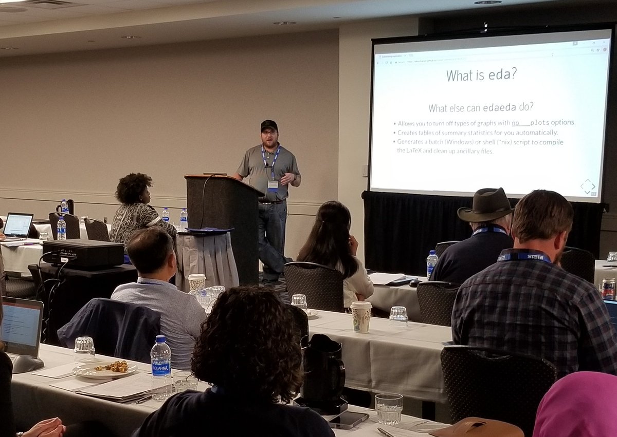 Stata's tweet photo. Day one of #Stata2018 has flown by! The last presentation is by Billy Buchanan of Fayette County Public Schools. Automating exploratory data analysis tasks with the eda command. @PACESconsulting https://t.co/ZqE9I82eVD