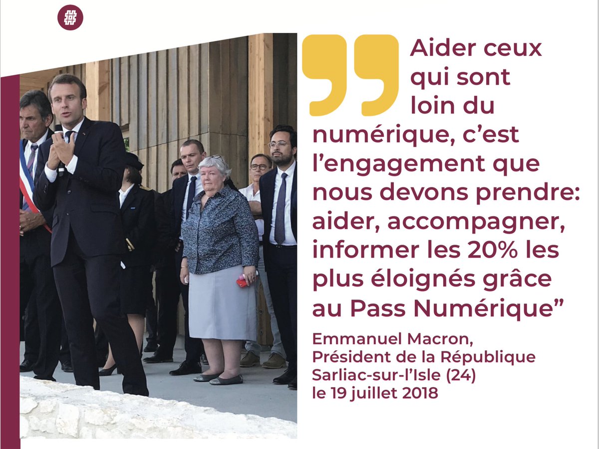 aptic_lepass's tweet photo. À l’occasion de son déplacement à @SarliacsurlIsle, @EmmanuelMacron, en présence de @mounir a annoncé le déploiement national de #APTIC sous la forme d’un pass numérique permettant à 14 millions de personnes éloignées du numérique d'accéder aux services de #mednum 
Go go go ! https://t.co/Y8i4UX16Kq