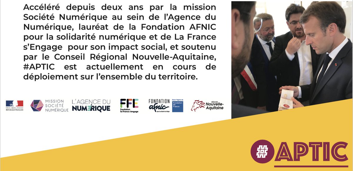 aptic_lepass's tweet photo. À l’occasion de son déplacement à @SarliacsurlIsle, @EmmanuelMacron, en présence de @mounir a annoncé le déploiement national de #APTIC sous la forme d’un pass numérique permettant à 14 millions de personnes éloignées du numérique d'accéder aux services de #mednum 
Go go go ! https://t.co/Y8i4UX16Kq