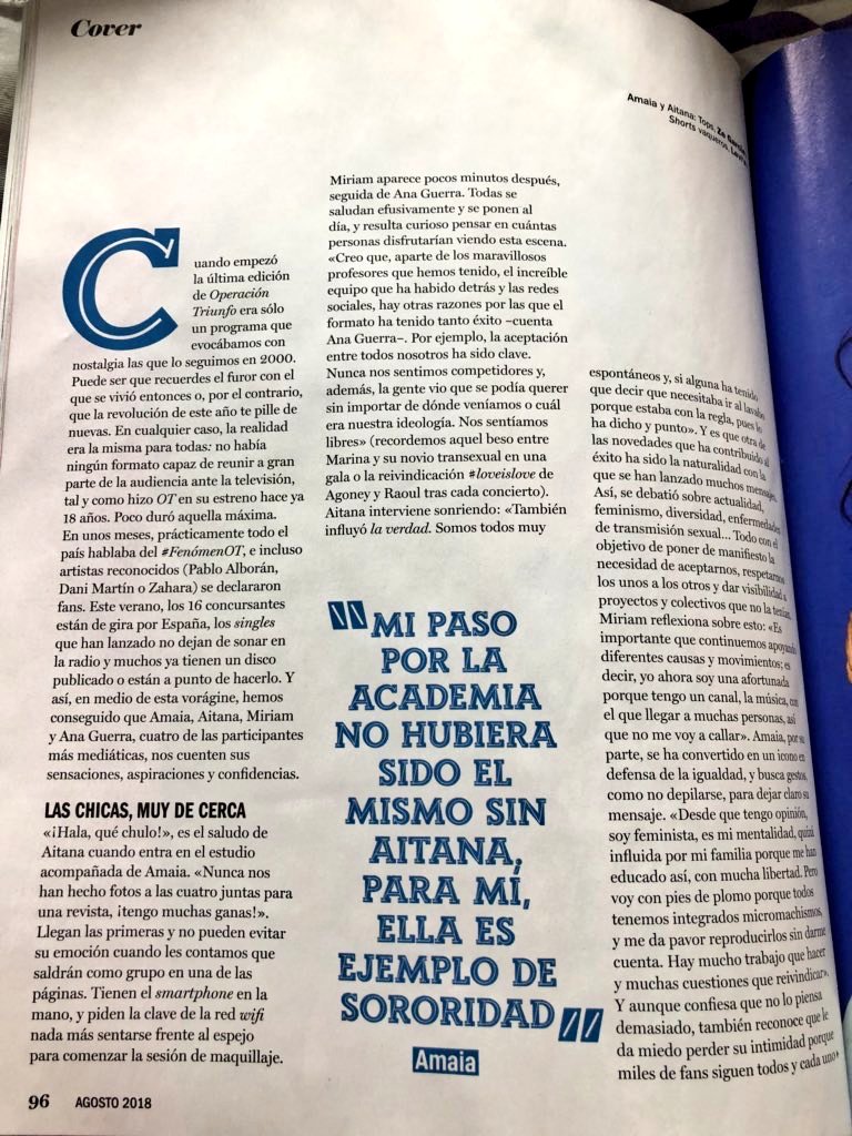 CF_AmaiaRomer0's tweet photo. Artículo de la revista @Cosmopolitan_es sobre Amaia, Aitana, Miriam y Ana 👯♀️👯
#OTDirecto19J
(📷© -> @AinhoaGG) https://t.co/zP1UePcO5P