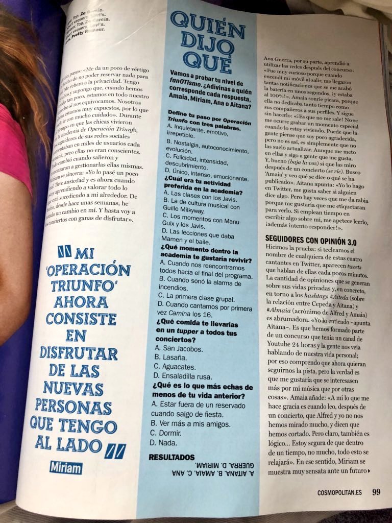 CF_AmaiaRomer0's tweet photo. Artículo de la revista @Cosmopolitan_es sobre Amaia, Aitana, Miriam y Ana 👯♀️👯
#OTDirecto19J
(📷© -> @AinhoaGG) https://t.co/zP1UePcO5P