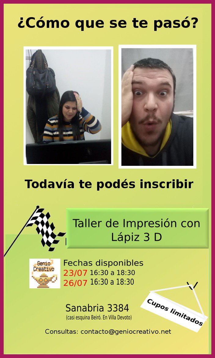 geniocreativo17's tweet photo. Recomendada desde 9 a 99 años.Taller de Lápiz 3D. Cupos Limitados. Hasta  12 personas. Tus producciones te las podes llevar (están incluidas) Lunes 23/07 de 16:30 a 18:30 ó Jueves 26/07 de 16:30 a 18:30  Inscripción:   https://t.co/q3EE73t4GA … Se agradece difusión https://t.co/J6rQB6r4vb