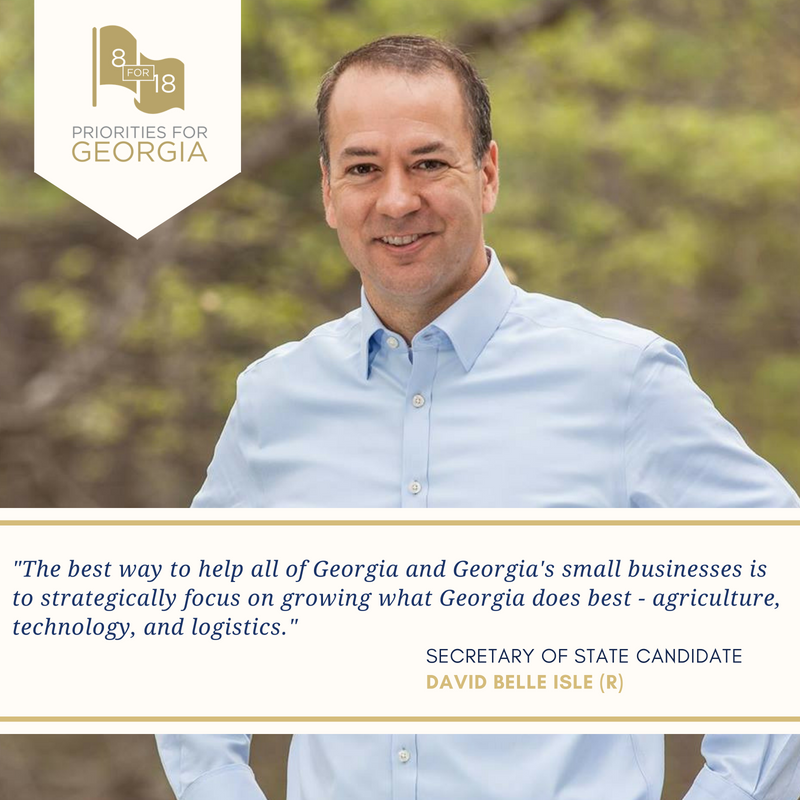 GAChamber's tweet image. View Secretary of State candidate David Belle Isle’s responses to questions about Georgia’s #SmallBusinesses and more by visiting 8for18.com today! #gapol #BestForBiz