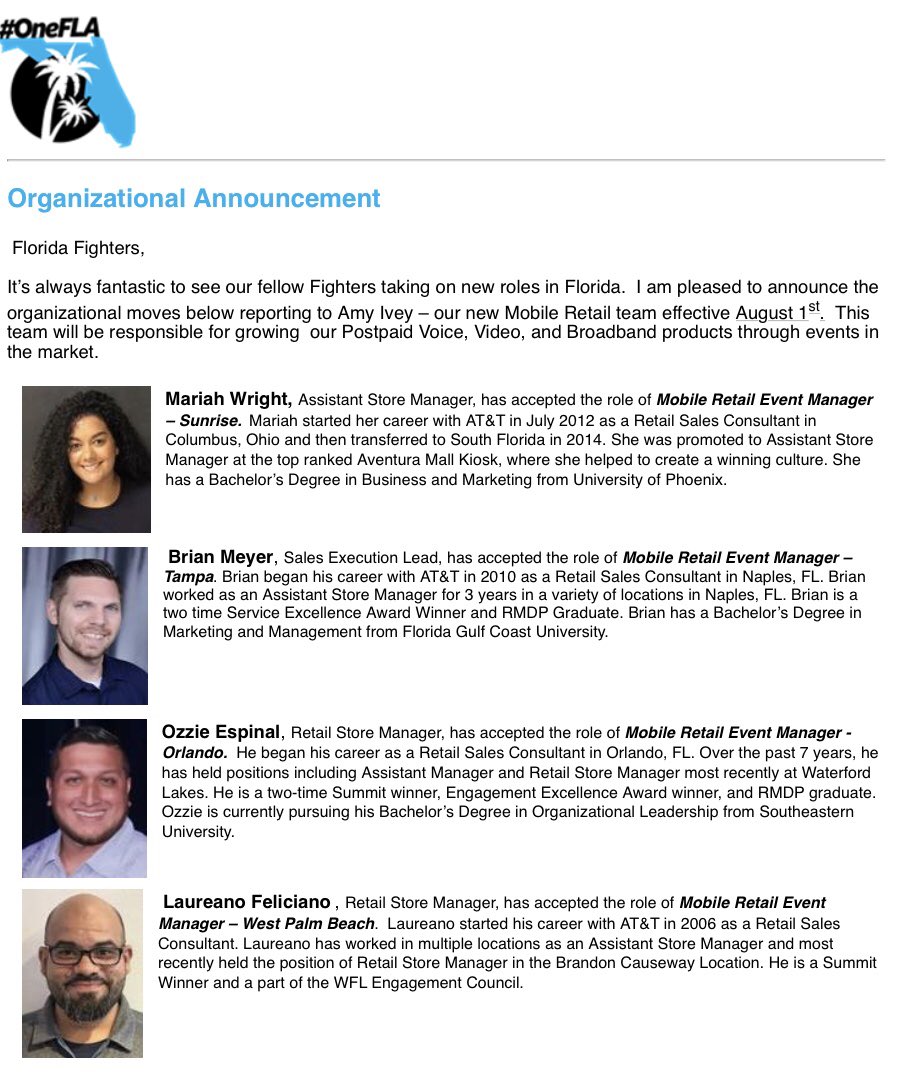 OfficialAmyIvey's tweet photo. I’m so excited to announce our newest members of the #mobilemovement in #1FLA! Welcome @Brianmeyeratt @mariahwright305 @FelicianoLaure1 and @OzzieEspinal ! #nolimitretail #storeson4 #bEASTsquad #sunshinemobile @geauxlego @One_FLA @CristySwink https://t.co/Y1SRD8Rt2x