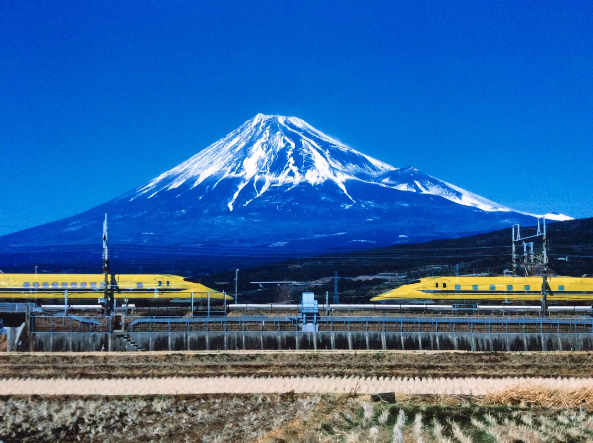 ドクターイエローの向い合せの写真です。 バッチリ富士山と一緒です。