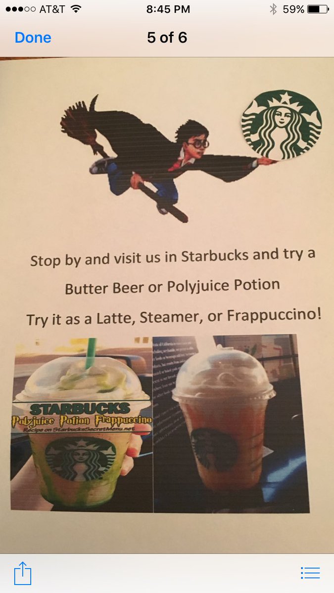 cldebart's tweet photo. Stop by at the Starbucks at Target in Wheeling for your favorite Harry Potter drinks. Butter Beer or Polyjuice Potion @cams2323 @tomabell8 @VKonkolewski @Tim_Heit @stierhold https://t.co/T6p1jGyYhE