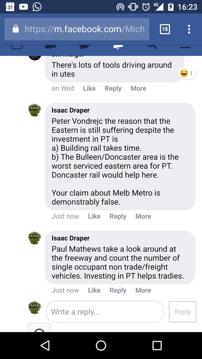 kierans777's tweet photo. .More sanitizing by @MichaelSukkarMP of his FB page again. What's wrong with a bit of debate? When will his #ewlink propoganda be challenged openly?

@adamlcarey @Raf_Epstein @PatsKarvelas @CommutersCount

#auspol #getonboard #vicpol #commuterscount https://t.co/FIuDiqND47