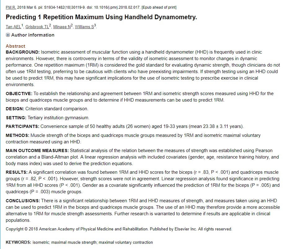 WilliamsSianA's tweet photo. #1RM is the 'gold standard' measure for #dynamicstrength (& advised for #exerciseprescription) BUT is not always feasible to do. Hand-held dynamometry may be a more accessible alternative. Read on in @PMRJournal: Predicting 1RM using Hand-held dynamometry https://t.co/SvIhwM1Ntc https://t.co/LLXj0uOPj4