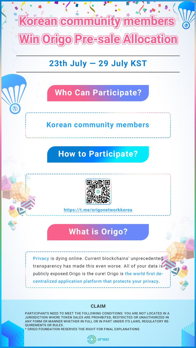 🎊A special round for Korean community members to win a pre-sale allocation 📈from the 23rd of July to the 29th of July. 🥳Join Origo Network’s Korea telegram to learn more about the event 👉(t.me/origonetworkko… …)🥰