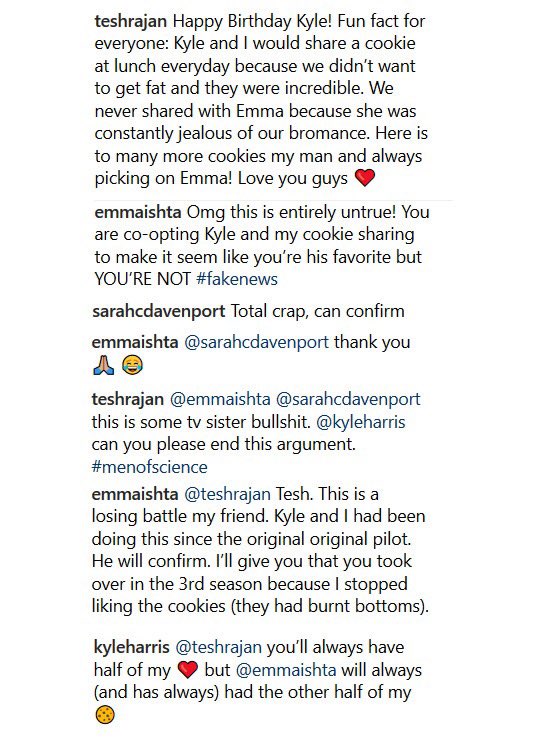 Falling_Snow's tweet photo. This exchange between @teshrajan @EmmaIshta @KyleHarris @SCDavenport on Instagram is everything. #Stitchers #menofscience #camsten https://t.co/0sc6y3k4iy