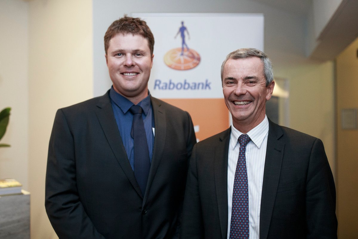 RabobankAU's tweet photo. Business project prize winner Andrew Cross and Rabo CEO Peter Knoblanche celebrating the future of agriculture at last night’s Executive Development Program Graduation Dinner. https://t.co/v3bRoj8UuB