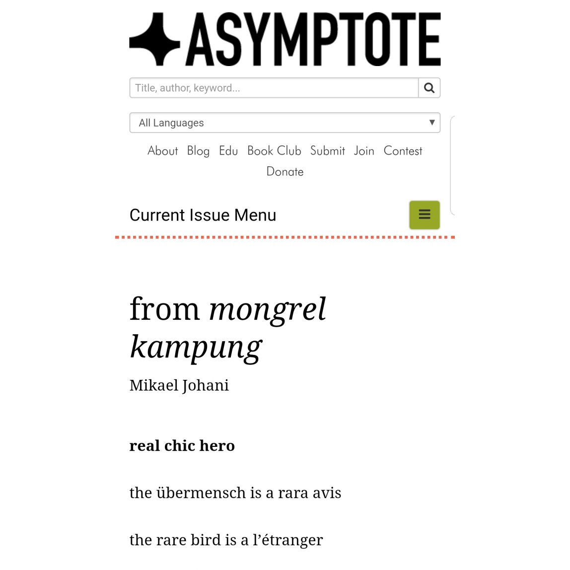 mekitron's tweet image. new #codeswitching poems on #asymptote
#KEMINGGRIS #multilingual #mongrelkampung #ivanlaninbegawn
asymptotejournal.com/special-featur…