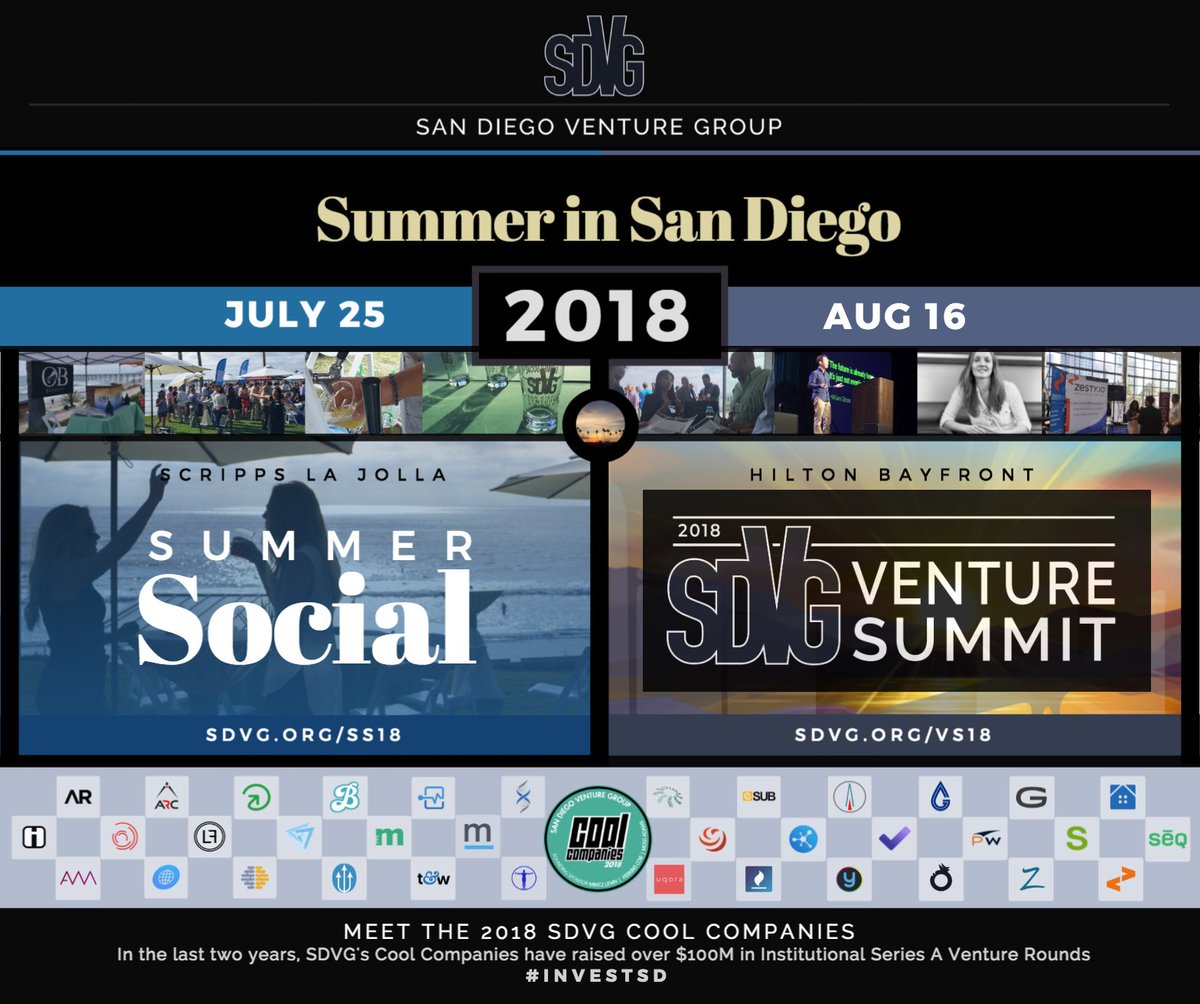 sdvg's tweet photo. Looking for quality #Events this summer??  SDVG has two great ones coming up!
July 25: #Summer Social @ Scripps La Jolla  -->  https://t.co/0R8gxgqnn3
Aug 16: #SDVG #VentureSummit @ Hilton Bayfront  -->  https://t.co/iQuid1zU0Y  .. check the #VC #speaker lineup  ;)      #investsd https://t.co/82MCfwvQdI
