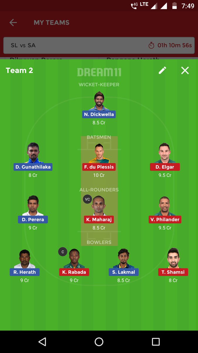 d11cric's tweet photo. SL vs SA 2nd test match team for small leagues. https://t.co/hkHF80wrYK