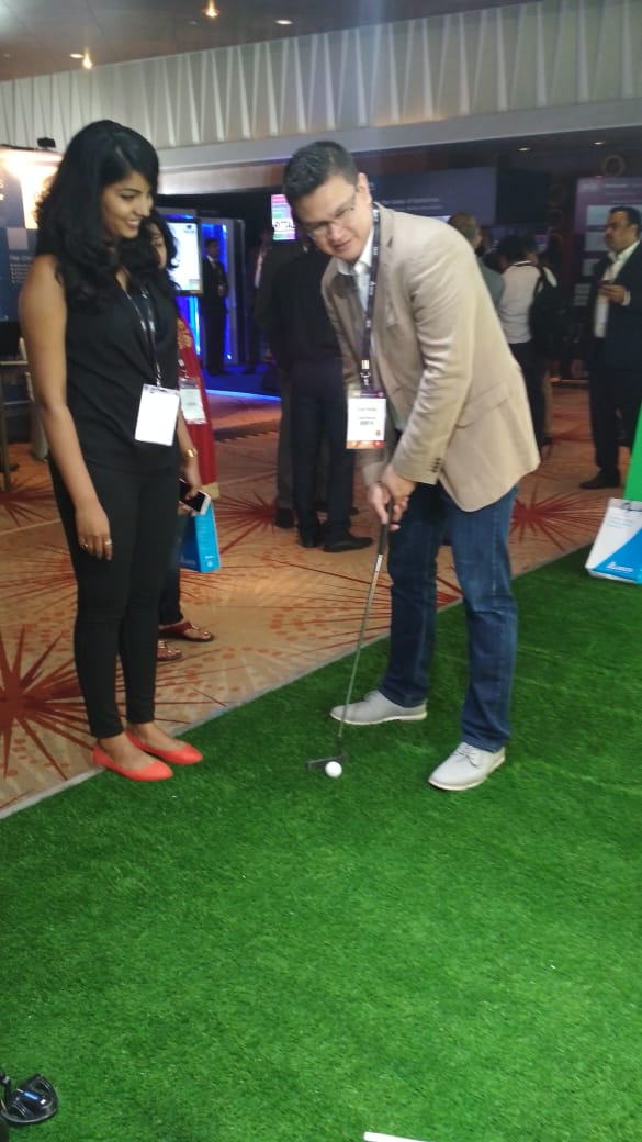 TuckerMcGaw's tweet photo. Did some putting at the #DCDWebscale event. I didn't do very well, but clever way to divulge key information for topics. Thanks for that, @SchneiderElec. We at @WrittenMedicine learned a lot though this interaction. https://t.co/8IOQxaKNY9