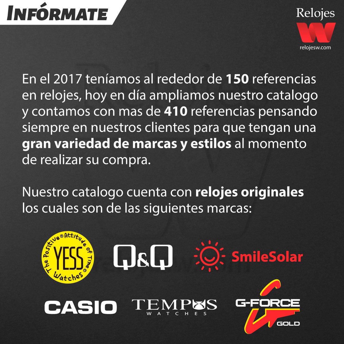 relojes_w's tweet photo. En el 2017 teníamos al rededor de 150 referencias en relojes, hoy en día ampliamos nuestro catalogo y contamos con mas de 410 referencias.
#relojesw #yess #qyq #tempues #gforce #casio #relojescolombia #información #importante #clientes #familia #dato #curiosidad #jueves https://t.co/EPo763JmmO