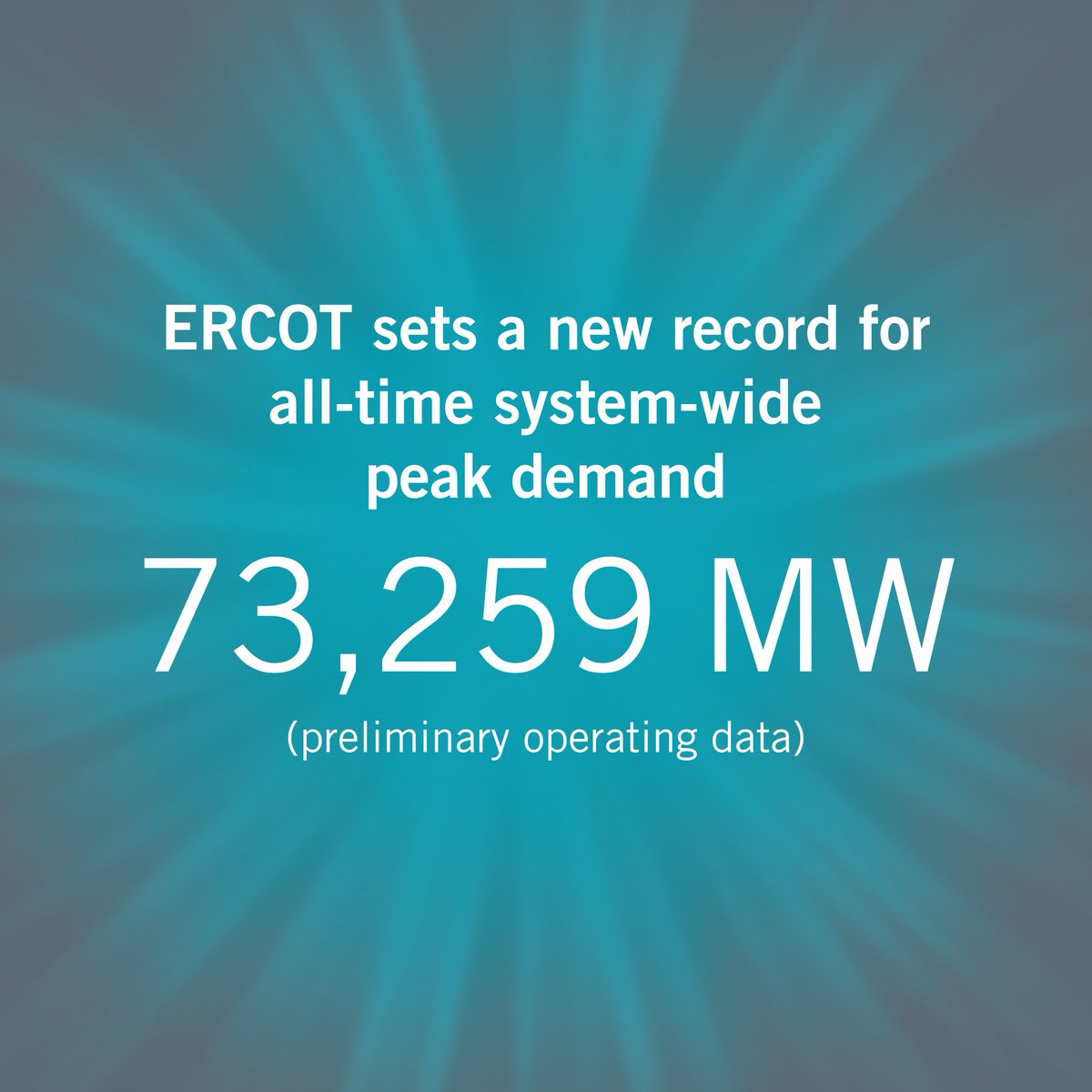 ERCOT set a new all-time system-wide peak demand record two hours in a row this afternoon, topping out at 73,259 MW between 4 and 5 p.m. This is the first time ERCOT peak demand has exceeded 73,000 MW in the ERCOT region. View actual loads: ercot.com/content/cdr/ht…