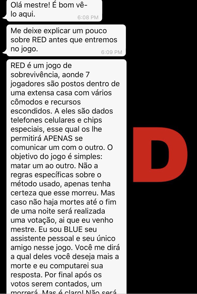 rawseok's tweet photo. RED | bts!mistery &amp;murder AU

Olá, você está logado em RED.

Qual é seu nome, mestre?
...

Então ... por que você deseja participar do jogo? Dinheiro, fama ou apenas... sede de sangue?
...

Entendo.

Seu cadastro está completo.

Deseja entrar em RED? 

> Sim < 

Não https://t.co/sIFHPEcguP
