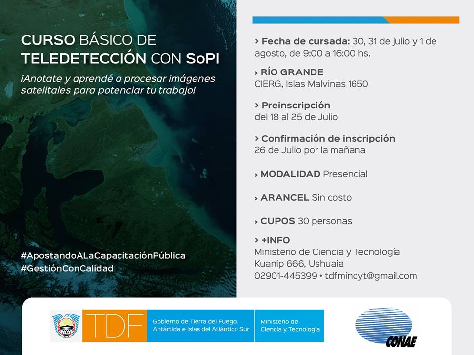 ComunidadSoPI's tweet photo. ¡Atención! Tierra del Fuego
Introducción a la Teledetección con SoPI en Río Grande
Modalidad presencial, 30, 31/7 y 1/8, de 9 a 18 hs., en el CIERG
Curso sin cargo, se entregarán certificados. Cupo limitado a 30 participantes.  
Link de preinscripción: https://t.co/KpkkYMpKS7 https://t.co/4ewVLBdfuX