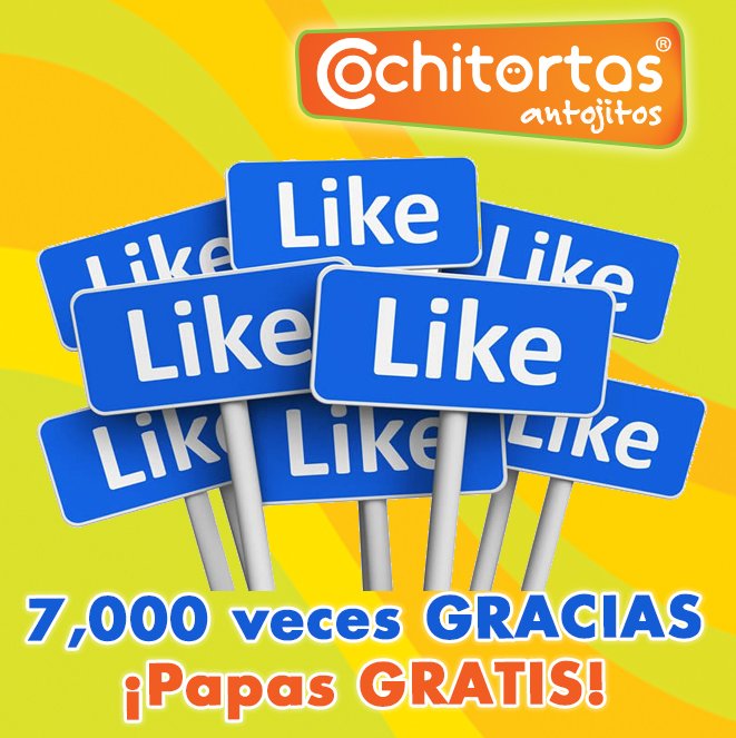 cochitortas's tweet photo. Llegamos a 7,000 likes y lo festejamos con ¡papas a la francesa GRATIS!
En la compra de 3 cochitortas grandes o más a precio de lista obtén una orden de papas a la francesa GRATIS.
Promoción valida solo en comedor, no aplica en pedido ni para llevar.
Valido hasta el sábado 21/07 https://t.co/XbTU0UxuY5