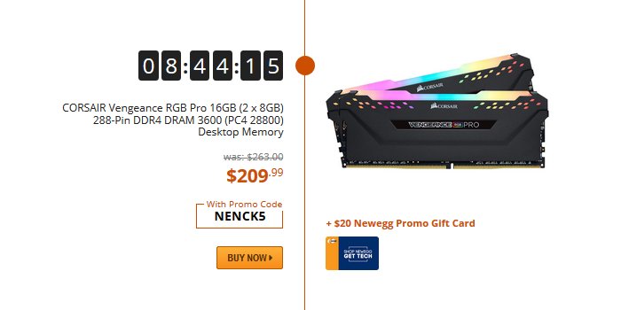 Newegg On Twitter Neweggnow Deal Corsair Vengeance Rgb Pro 16gb 2 X 8gb 288 Pin Ddr4 3600 209 99 Orig 263 00 W Promo Code Nenck5 Free 20 Newegg Gift Card Https T Co Kq5lxa0zb9 Https T Co Gja3k19r8b