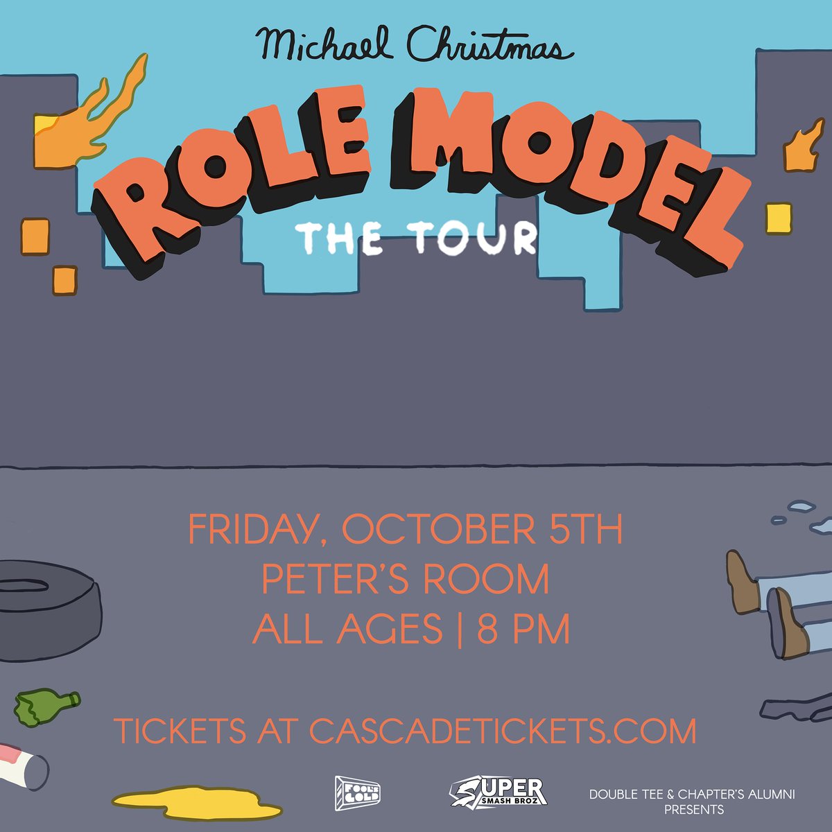 doubletconcerts's tweet photo. 🚨#justannounced🚨 Boston emcee @MickeyChristmas hits #PetersRoom in @roselandpdx this October! Tickets on sale tomorrow at 10am! https://t.co/A48OBReoy0

Presented by Double Tee + @ChaptersAlumni 
#michaelchristmas #rolemodelthetour #doubleteepresents #chaptersalumni #pdxhiphop https://t.co/OclkUNynRn