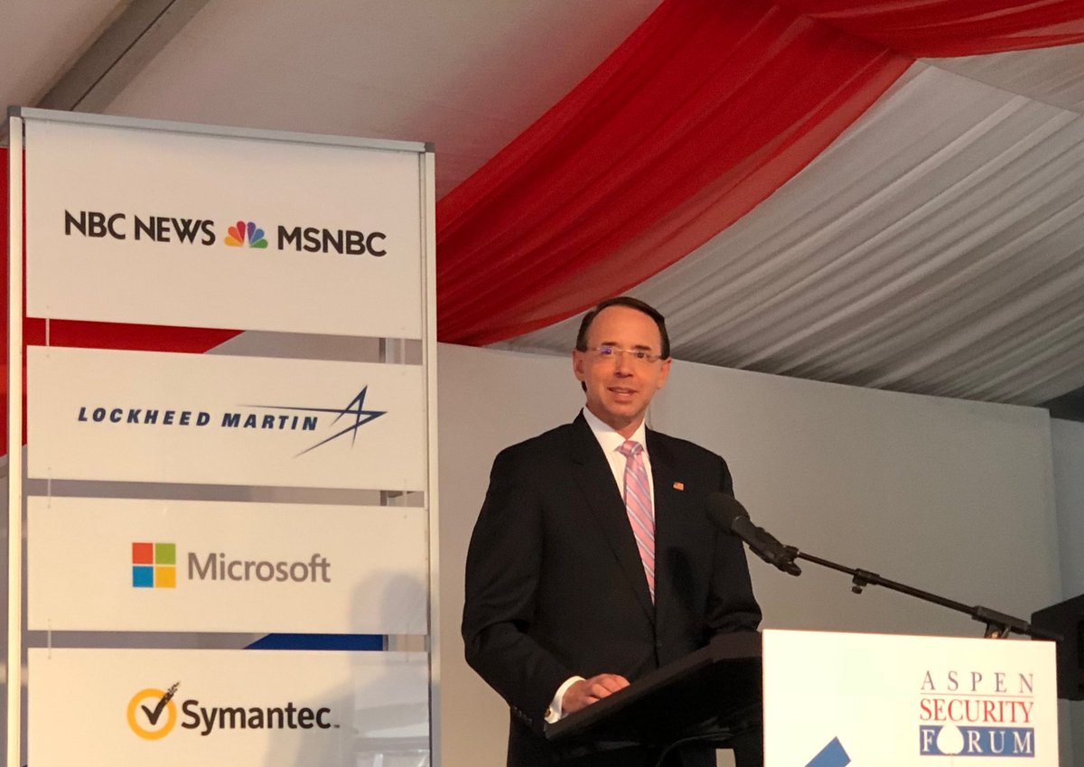 Samir_Kapuria's tweet photo. In Aspen. DAG #RodRosenstein highlights cyber attackers pre-position tools, foreign influence campaigns and paid trolls as a normal course of action. Question is what is being done and what can be done better? https://t.co/w0Hh5bIbrc
