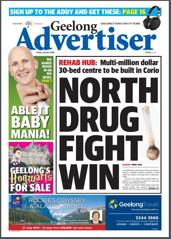 geelongaddy's tweet photo. Good morning Geelong. Here's today's page one. Enjoy the baby Ablett graphic. Top of 12 forecast for today https://t.co/0bljgluuba