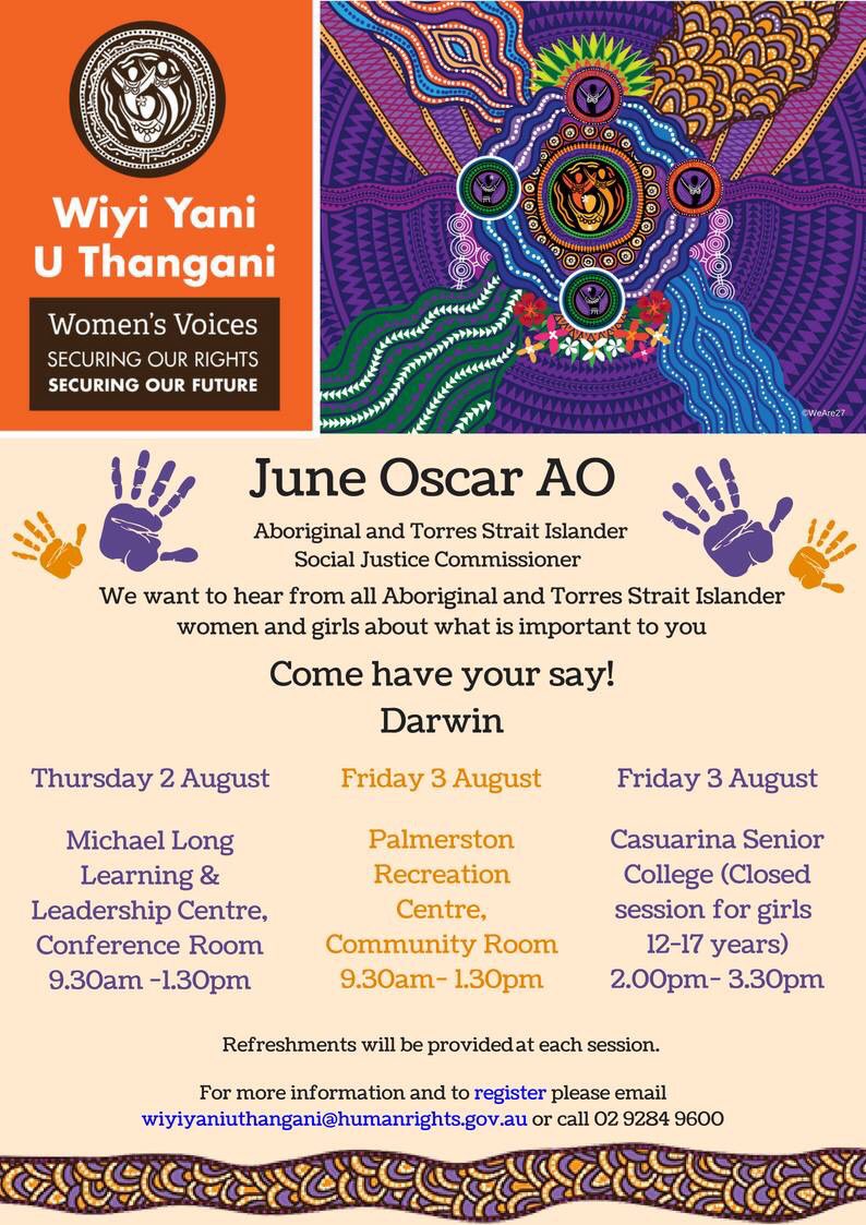 June_Oscar's tweet photo. The Wiyi Yani U Thangani #WomensVoices project team is heading to the Top End - #Borroloola, #Katherine, #Darwin and the #TiwiIslands This is the first project of its kind for First Nations women &amp; girls in more than 30 years. Please come along because our voices must be heard! https://t.co/NUTonzaAHr