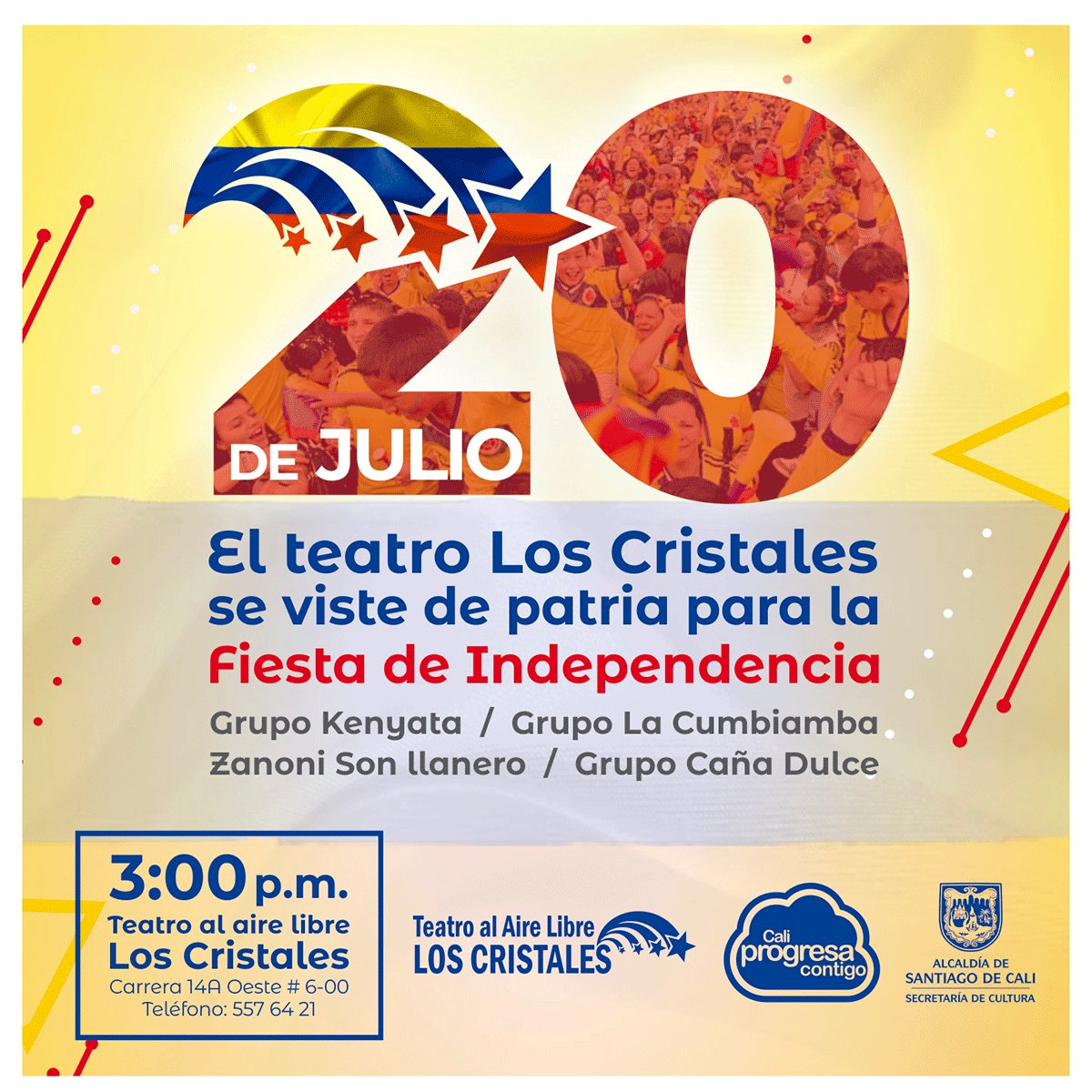 maxcultura's tweet photo. #Maxcultura
CELEBRA LA FIESTA DE INDEPENDENCIA #CaliCo2018
@CRISTALESTEATRO 
#GrupoKenyata #ZanoniSonLlanero #GrupoLaCumbiamba #GrupoCañaDulce
#20DeJulio 3PM
#EntradaLibre https://t.co/udjfZu1G48