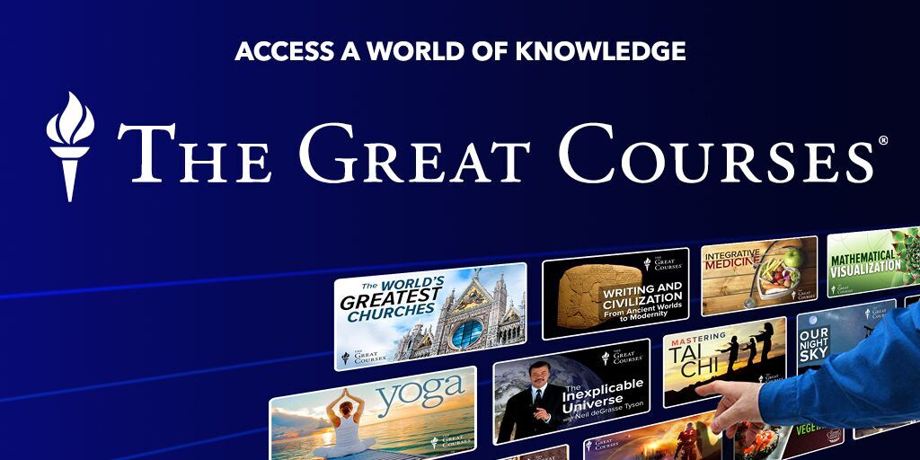 great courses graphic. various video covers look like they are being touched on a screen by an outreached hand