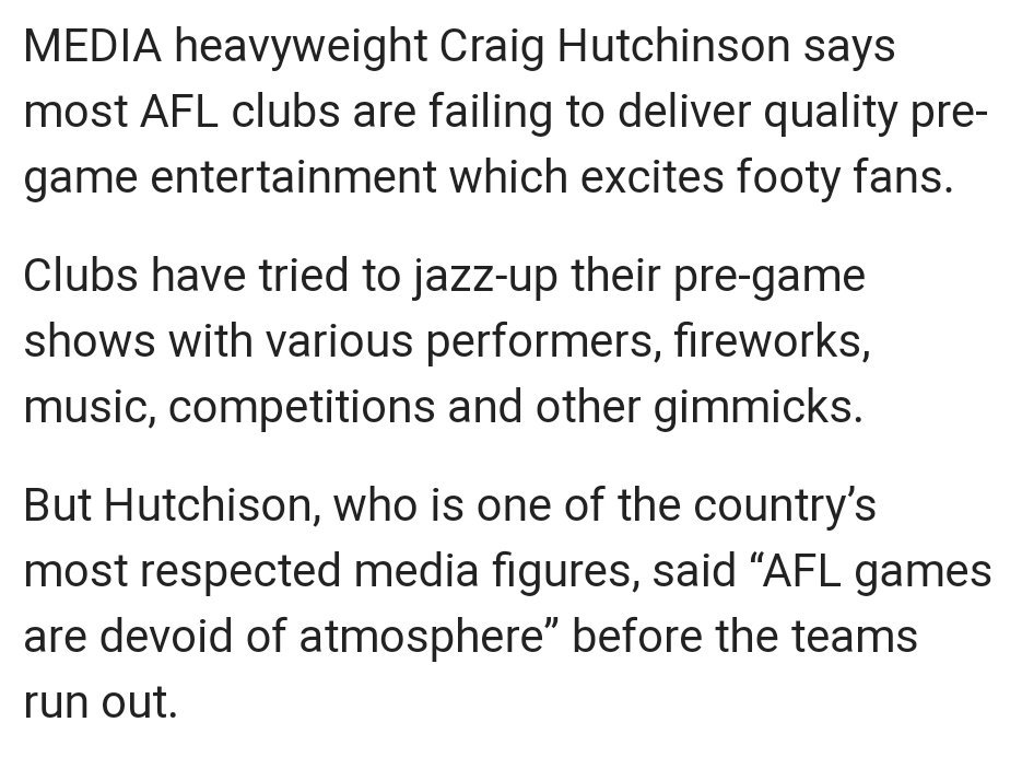 AfterGrogBlog's tweet photo. What footy people flatly refuse to acknowledge is that the wide majority of footy fans want NO pre-game entertainment. 

(Does Jay Clark want a job from "one of the country’s most respected media figures"?) https://t.co/OUzABQMkU3