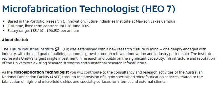AnffSa's tweet photo. Attention Microfabrication Technologists! Here's a rare opportunity to join our awesome @UniSAFII &amp; @AnffSa team &amp; deliver highly specialised microfabrication services of high-end microfluidic chips &amp; specialty surfaces. Applications close 3/8/18 https://t.co/BkVbr4lGEZ https://t.co/nYnQcyd8fU