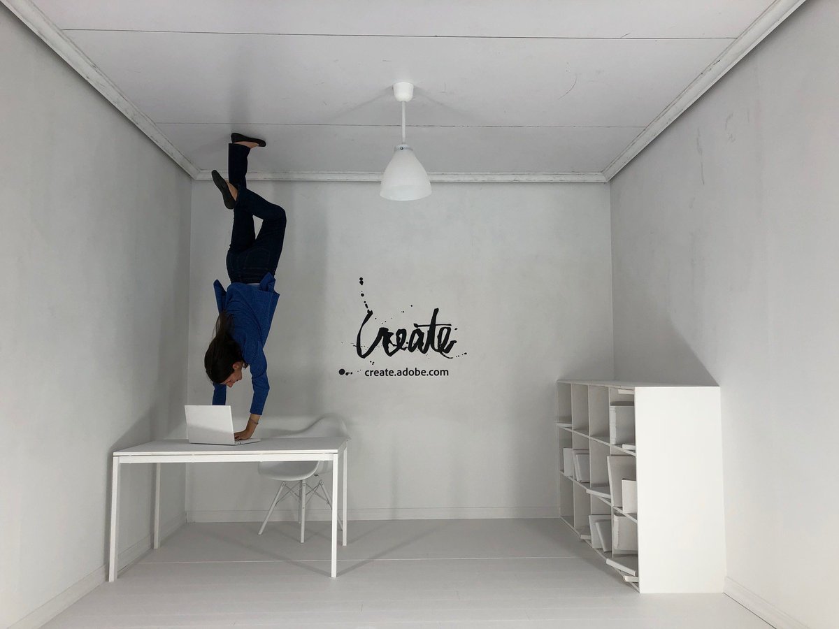 gataylor's tweet photo. Consistently plugged into a laptop, but my pragmatism manages to keep one foot on the ground, even when it's the ceiling.  @AdobeCreate #AdobeLife https://t.co/sJe9zSZGjB