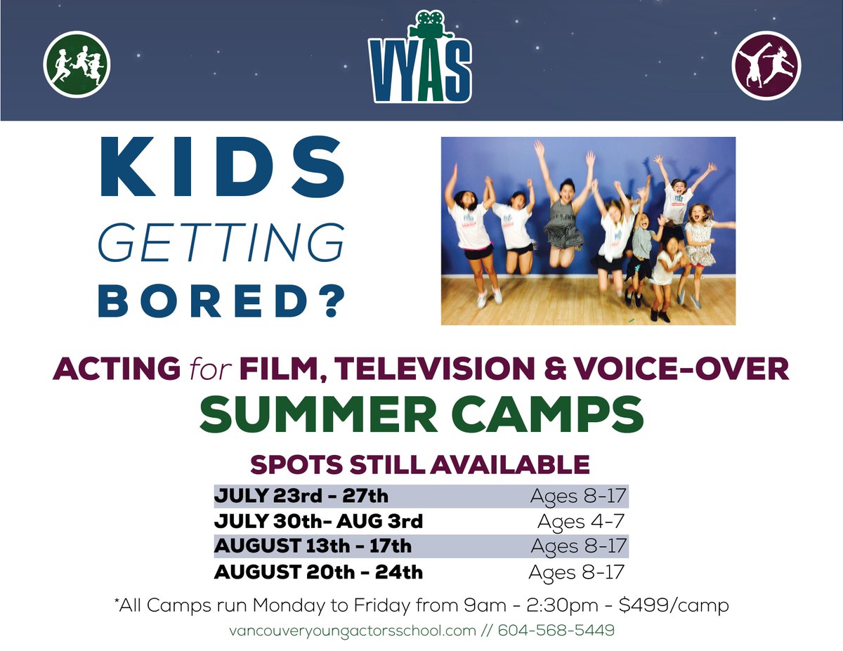 vyactorsschool's tweet photo. Summer Acting Camps for KIDS &amp; TEENS!
An encouraging, motivational space for kids and teens to discover and express their creative side!
It's not too late to register!
Visit - https://t.co/JNtfpR8W7G
Or call - 604-568-5449 for more info!
#SummerCamp https://t.co/dpEpTRLEMm