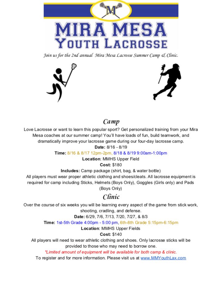 MMYouthLax's tweet photo. Join us for our summer camp! #growthegame #miramesa #sandiego #lacrosse #camp #calilax #sandiegolax https://t.co/5ncqHm4FX5