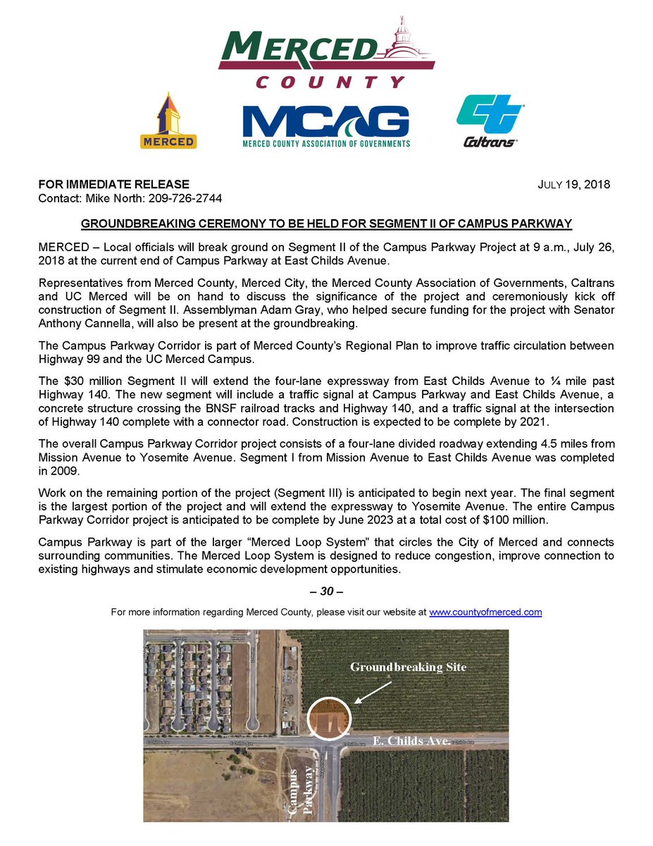 MercedCounty's tweet photo. Groundbreaking ceremony! Local officials will break ground on Segment II of the Campus Parkway Project at 9 a.m., July 26 at the current end of Campus Parkway at East Childs Avenue. All are welcome to attend! https://t.co/O1p7biNKYU